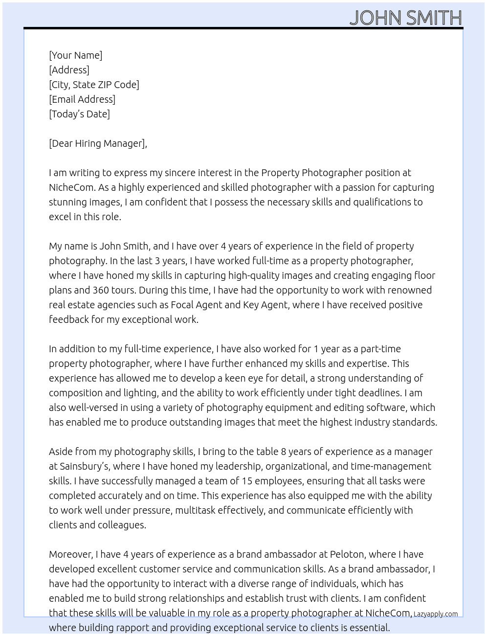 Property Photographer  At NicheCom Cover Letter
