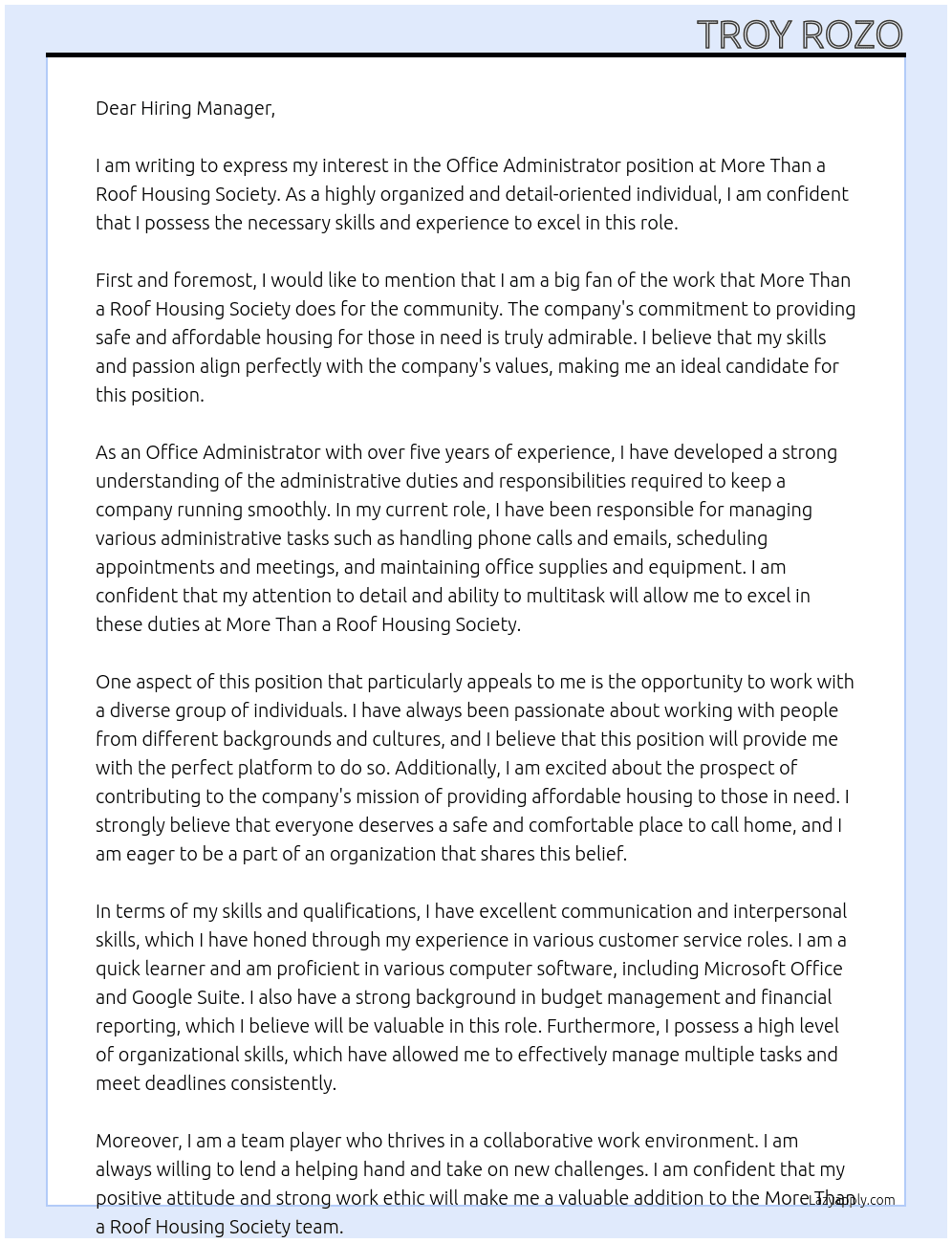 Office Administrator  At More Than a Roof Housing Society  Cover Letter