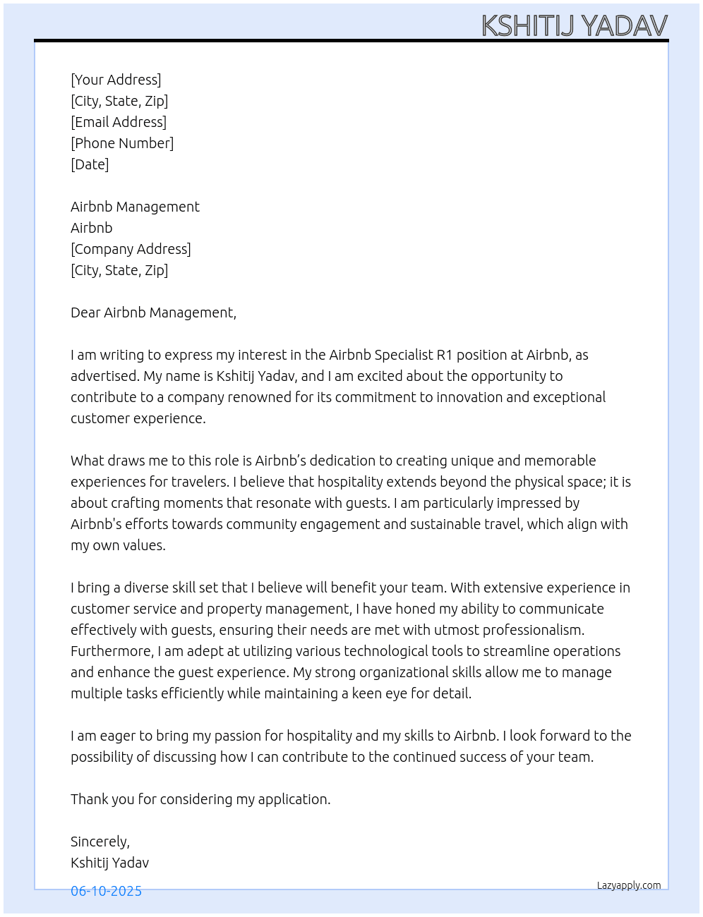 Airbnb Specialist R1 At Airbnb Cover Letter