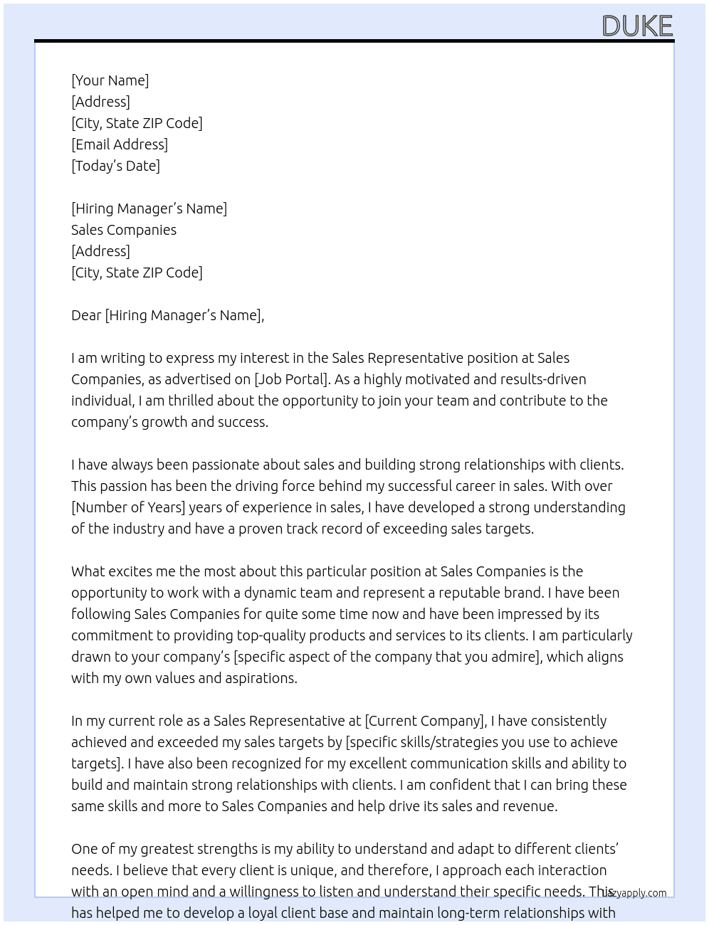 Sales Representative  At sales companies Cover Letter