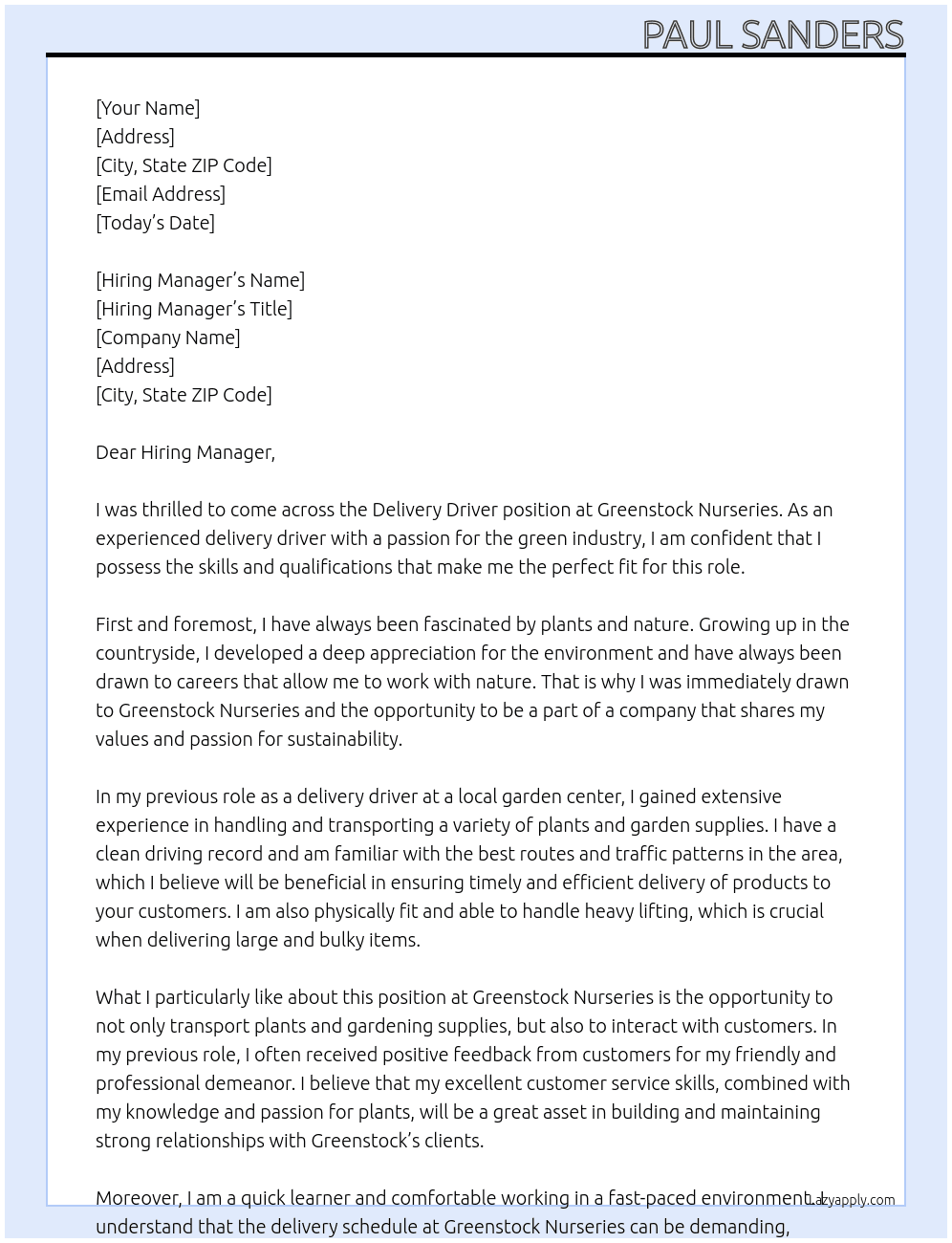 Delivery Driver At Greenstock Nureries Cover Letter