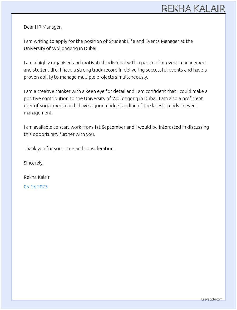 Student Life and Events Manager  At University of Wollongong in Dubai  Cover Letter