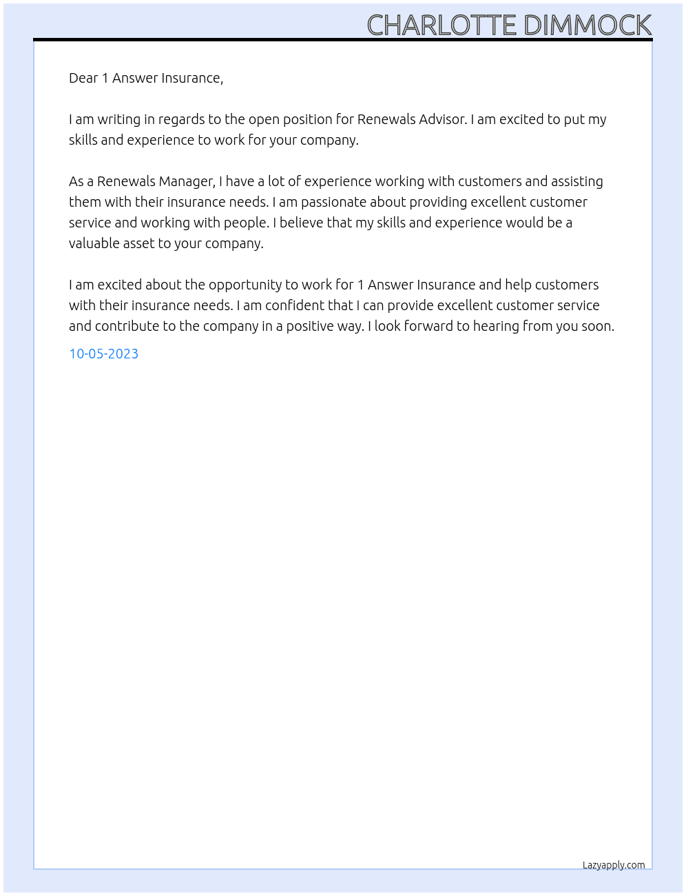 Renewals advisor At 1 Answer Insurance Cover Letter