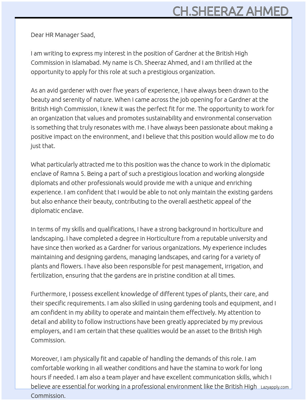 Gardner  At British high commission , diplomatic enclave,ramna  5,p o box 1122, Islamabad. Cover Letter