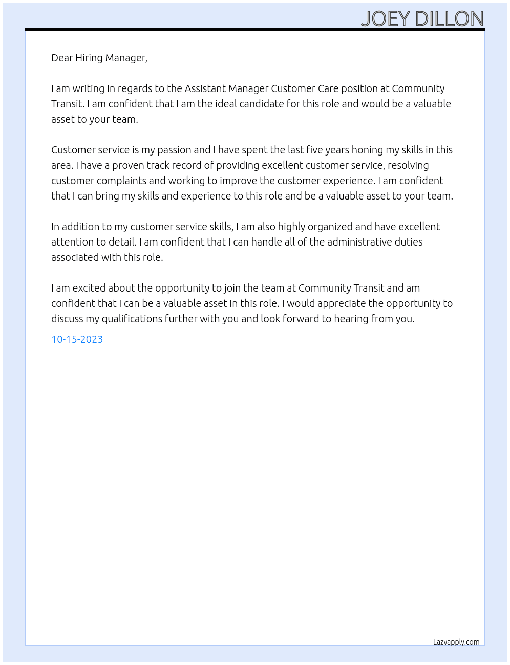 Assistant Manager Customer Care At Community Transit Cover Letter