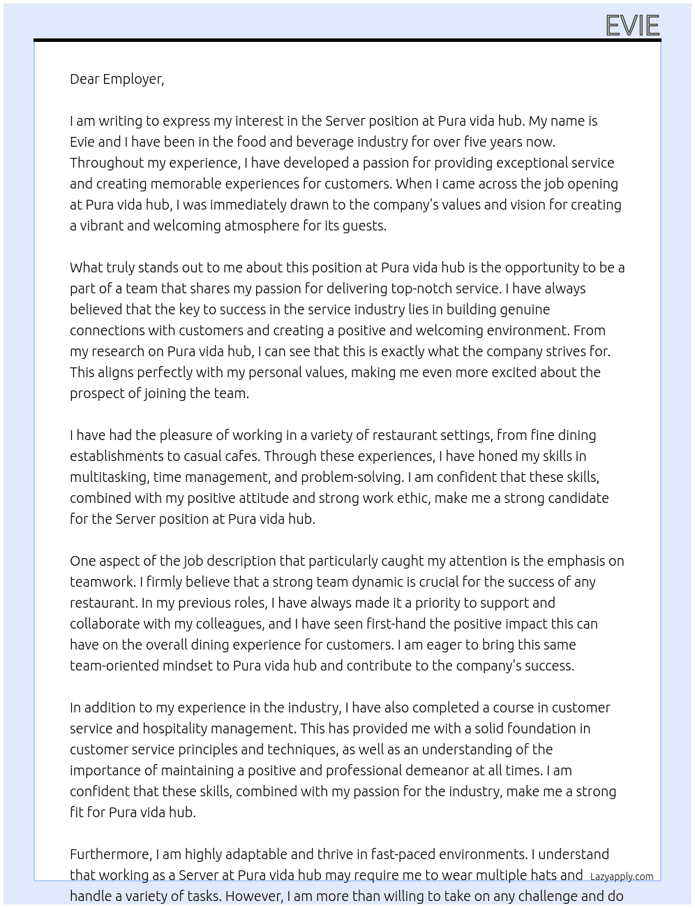 Server At Pura vida hub Cover Letter