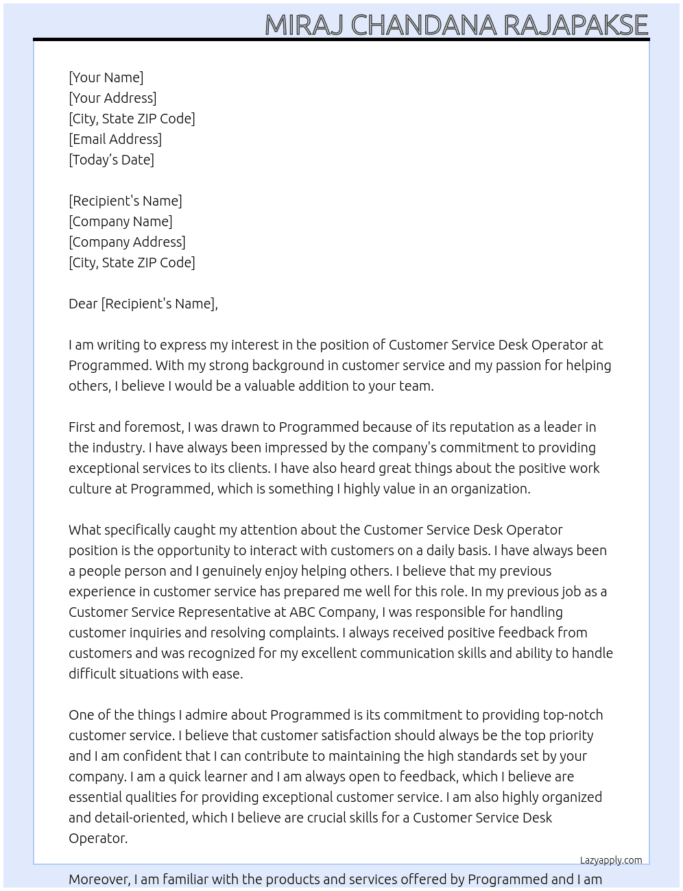 Customer Service Desk Operator At Programmed Cover Letter