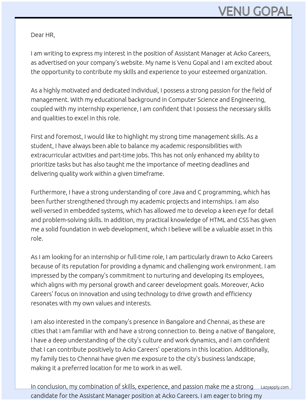 Assistant manager  At Acko careers  Cover Letter