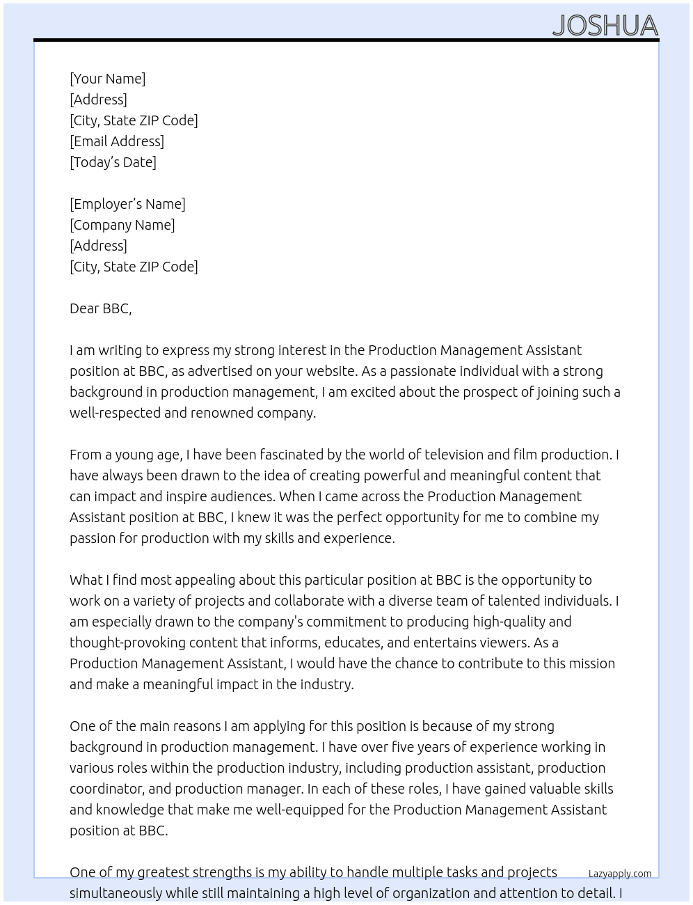 Production Management Assistant At BBC Cover Letter