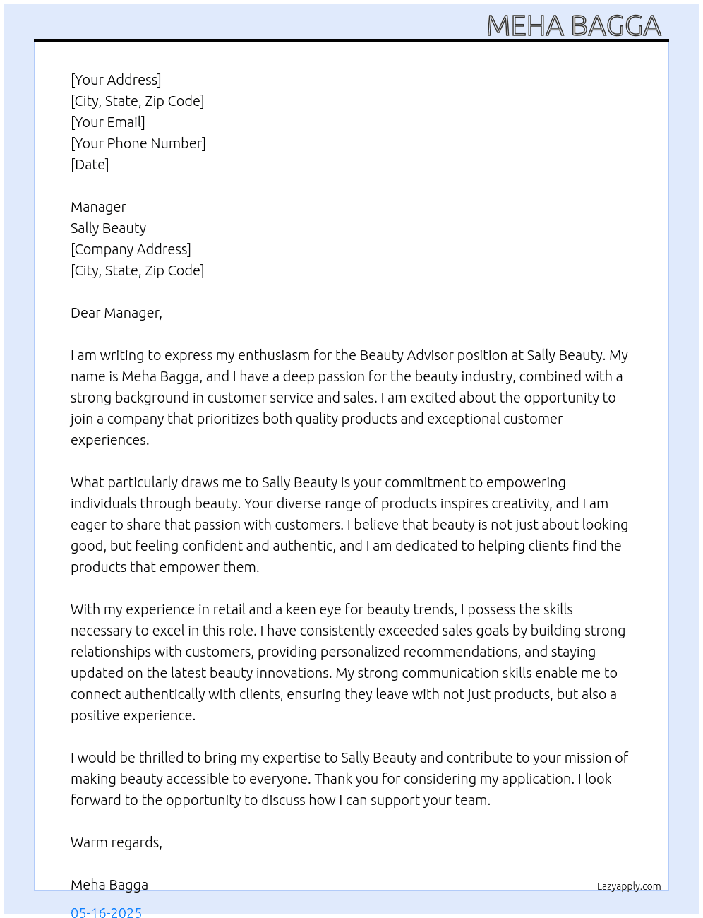 Beauty Advisor  At Sally Beauty  Cover Letter