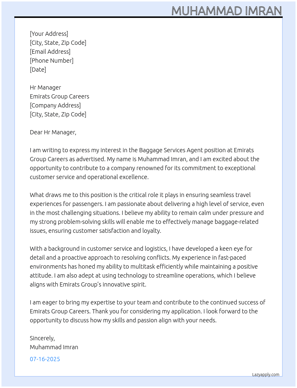 Baggage Services Agent At Emirats Group Careers Cover Letter