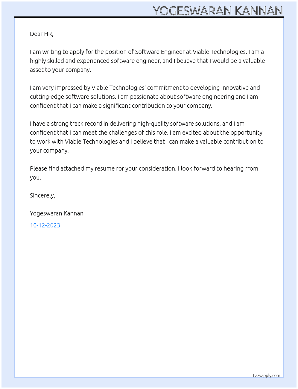 Software Engineer At Viable Technologies Cover Letter
