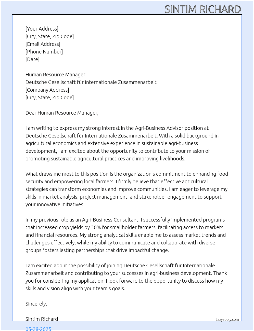 Cover letter for agri-business advisor - LazyApply