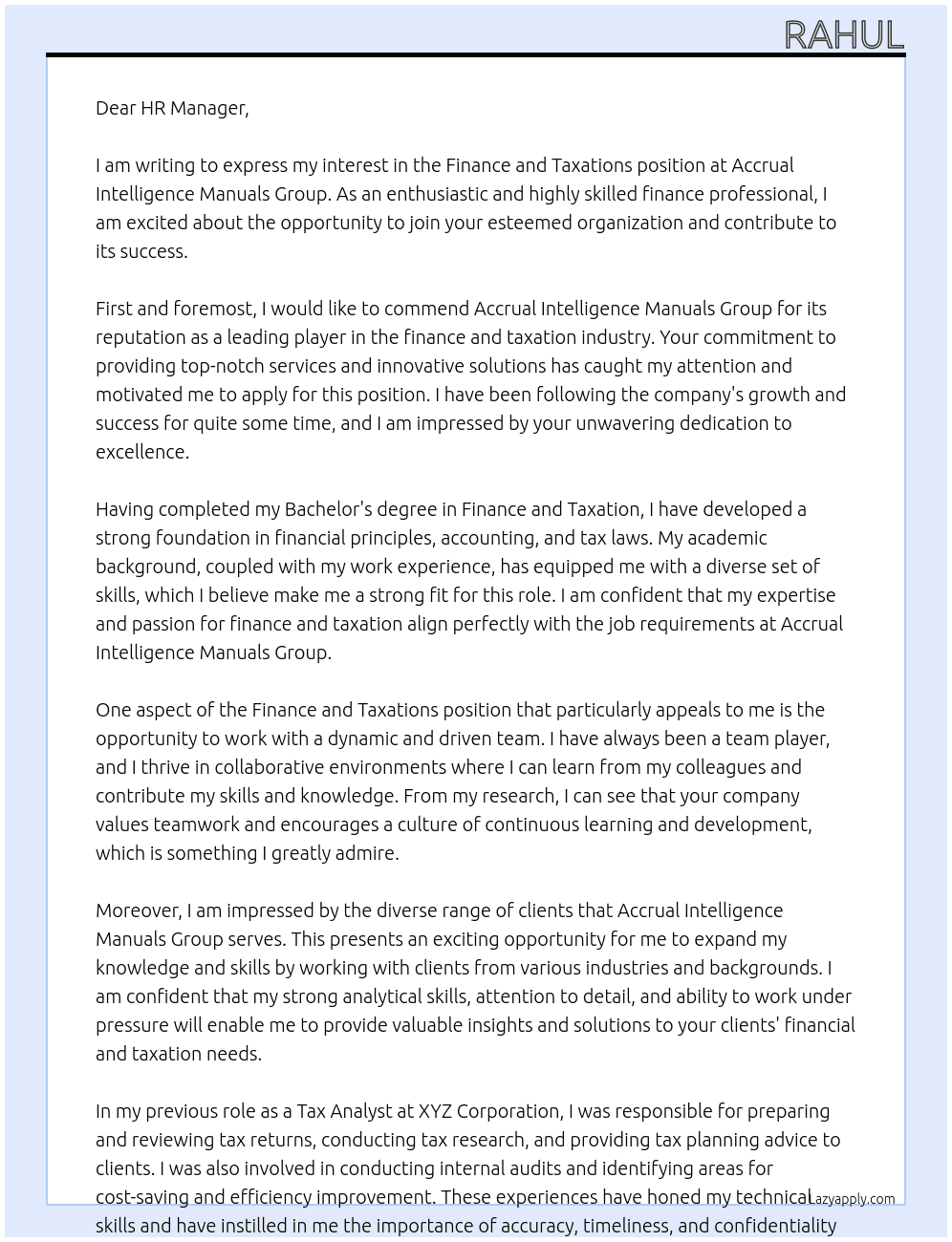 Applying for finance and taxations  At  ACCRUAL INTELLIGENCE MANUALS GROUP Cover Letter