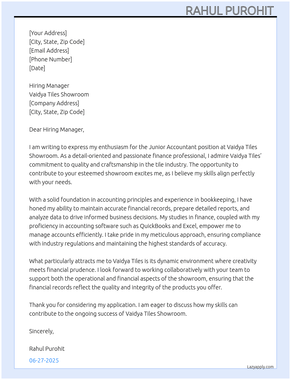 Accountant Jr  At Vaidya Tiles Showroom  Cover Letter