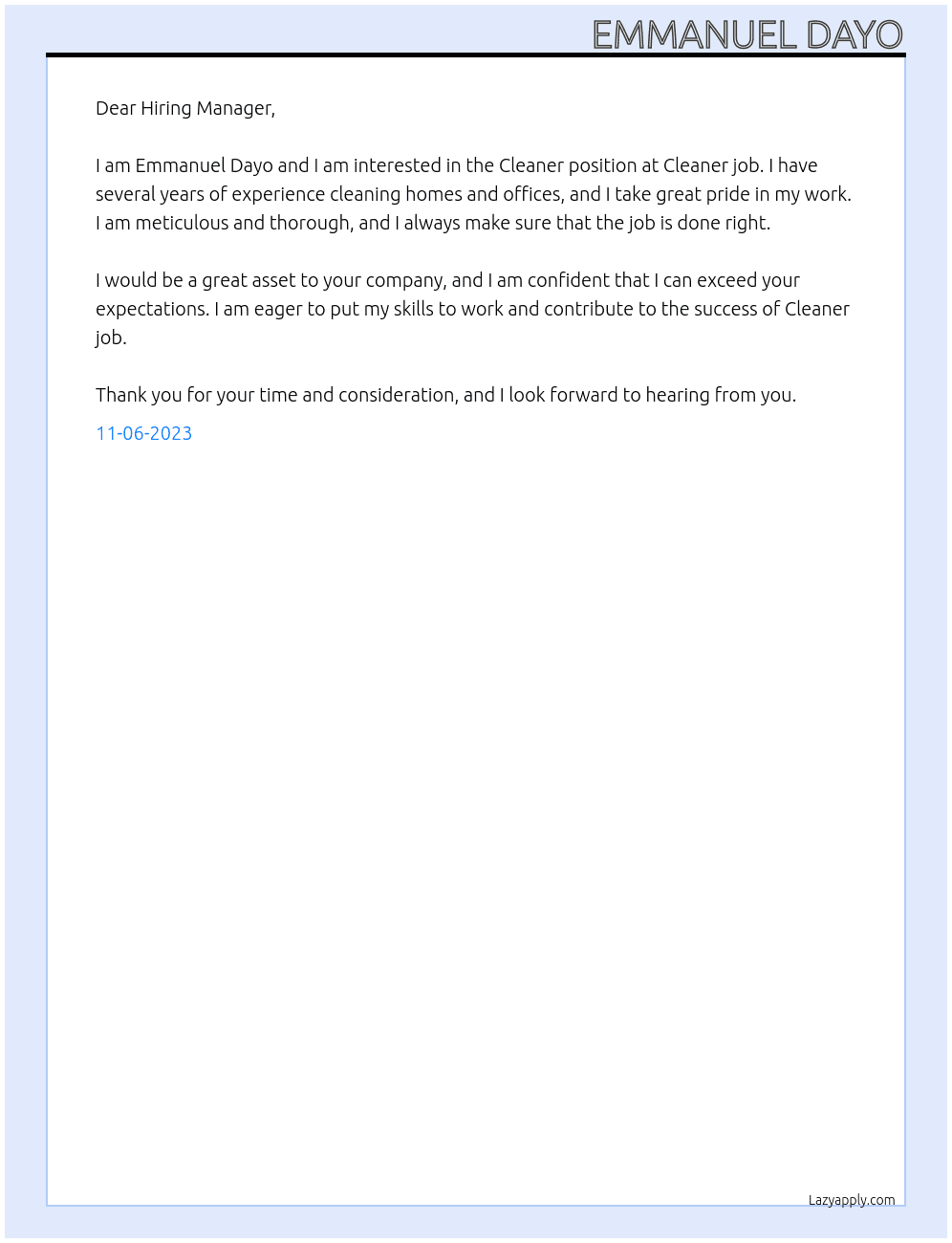 Cleaner  At Cleaner job  Cover Letter