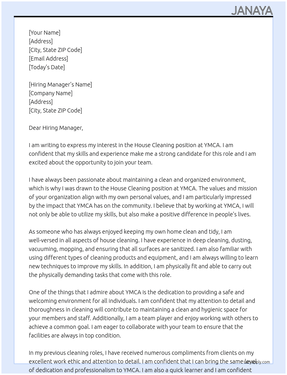 House Cleaning At YMCA Cover Letter
