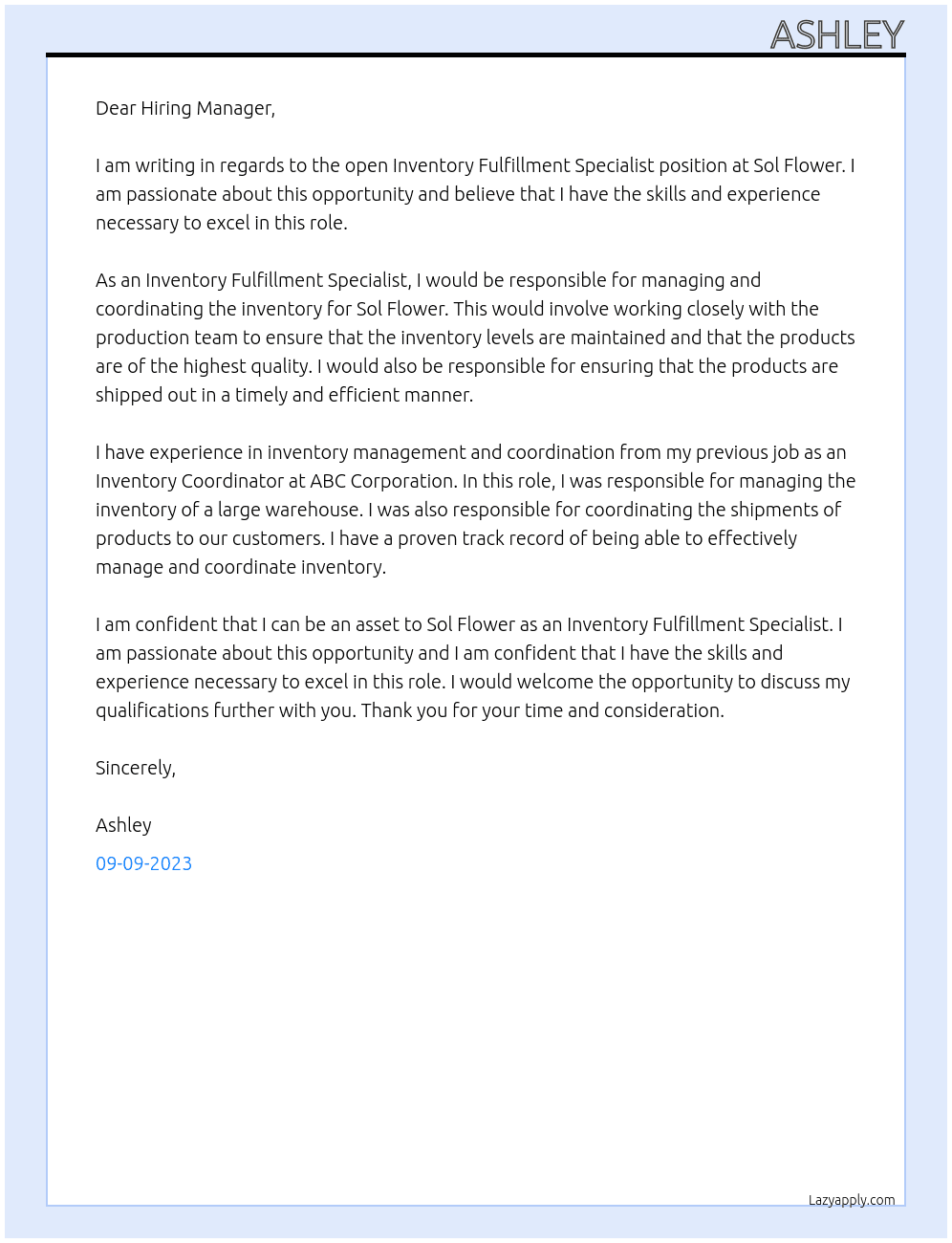 Inventory Fulfillment Specialist At Sol Flower Cover Letter