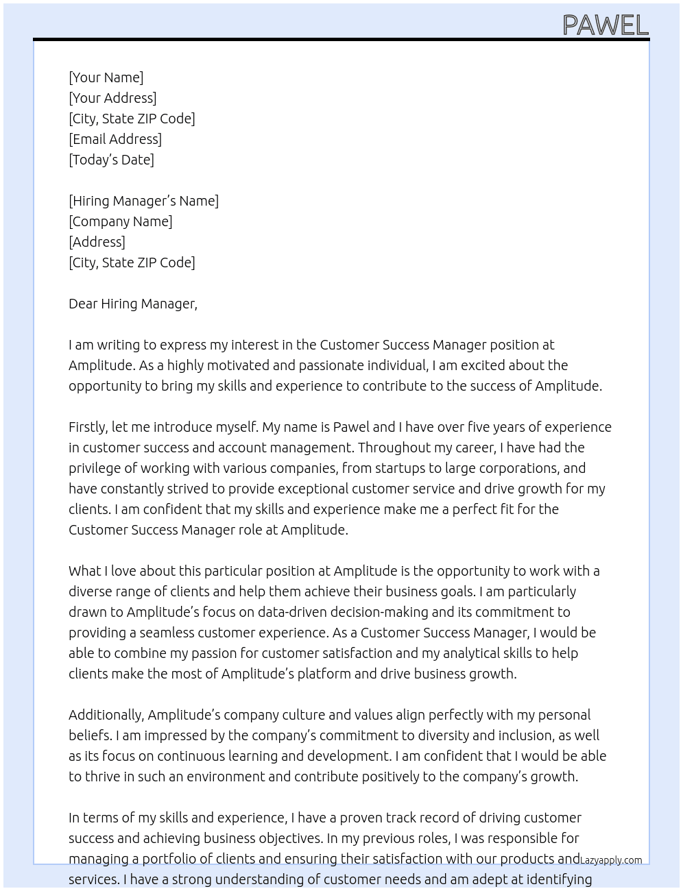 Customer Success Manager At Amplitude Cover Letter