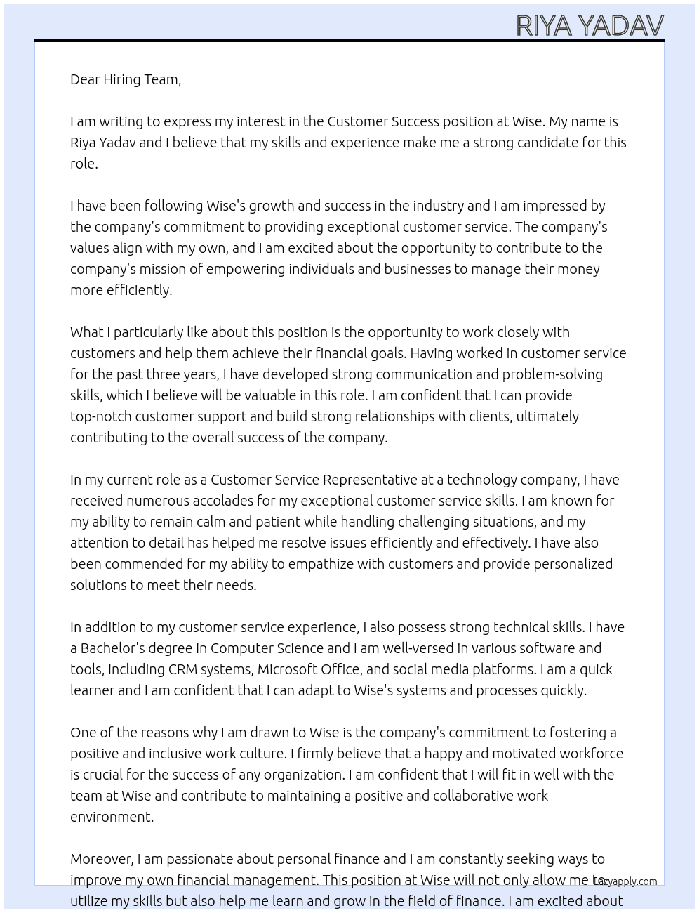 Customer Success  At Wise Cover Letter