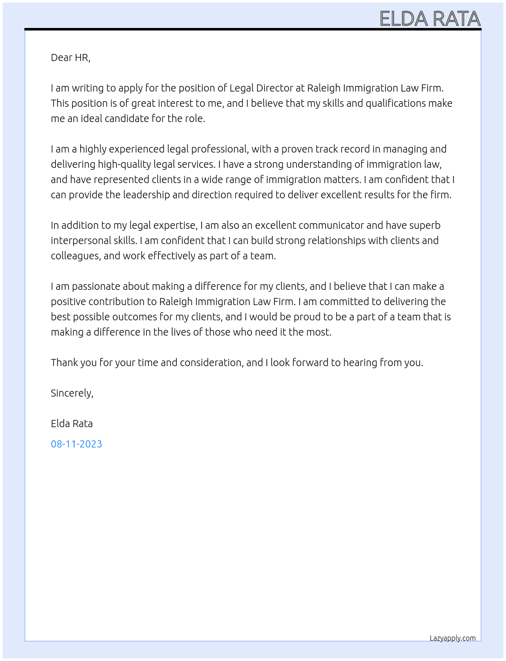 Legal Director At Raleigh Immigration Law Firm Cover Letter