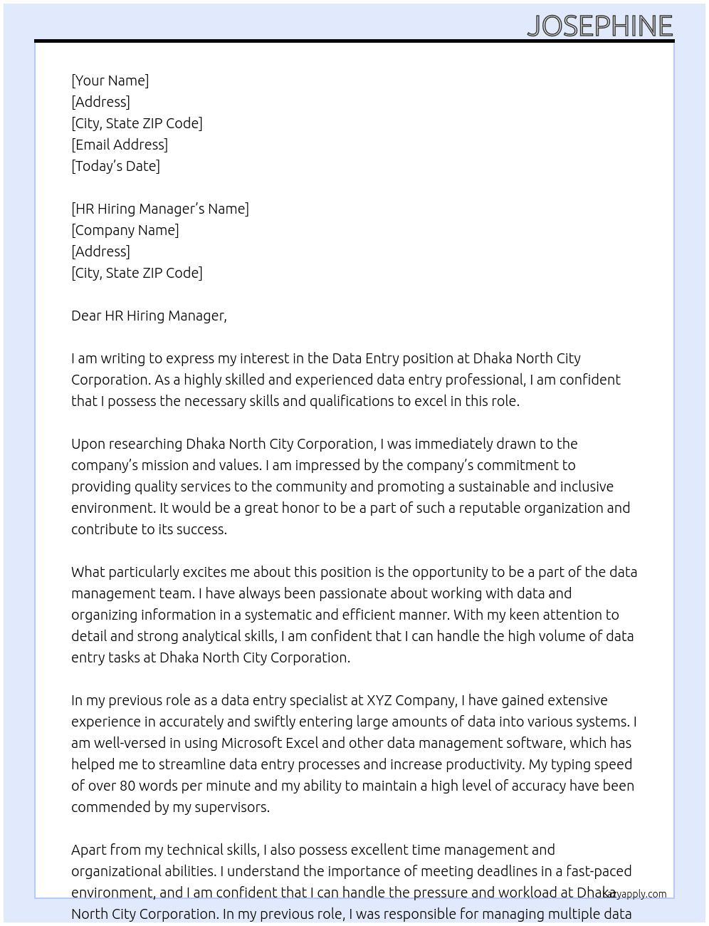 DATA ENTRY At Dhaka North City Corporation Cover Letter