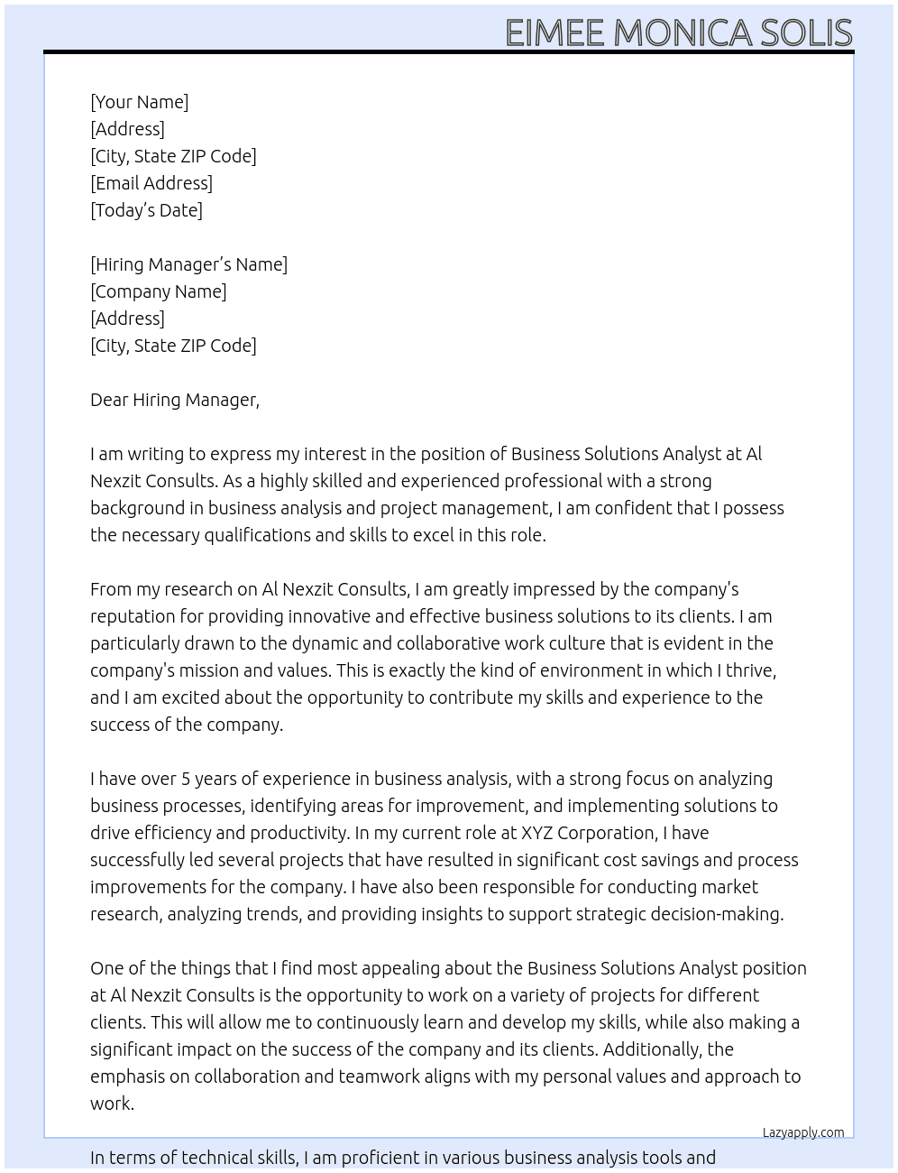 Business Solutions Analyst At Al Nexzit Consults Cover Letter