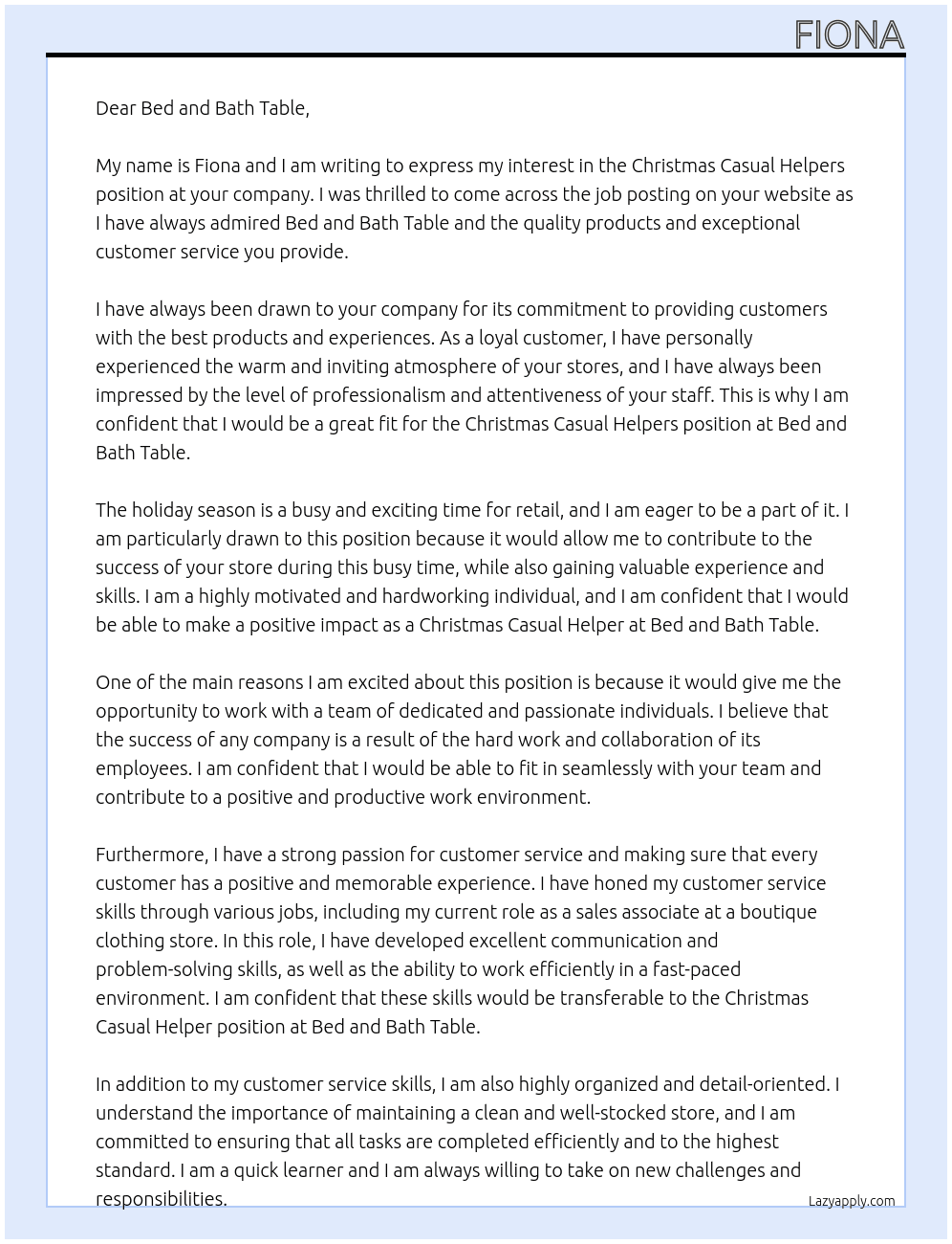 CHRISTMAS CASUAL HELPERS At Bed and bath table Cover Letter