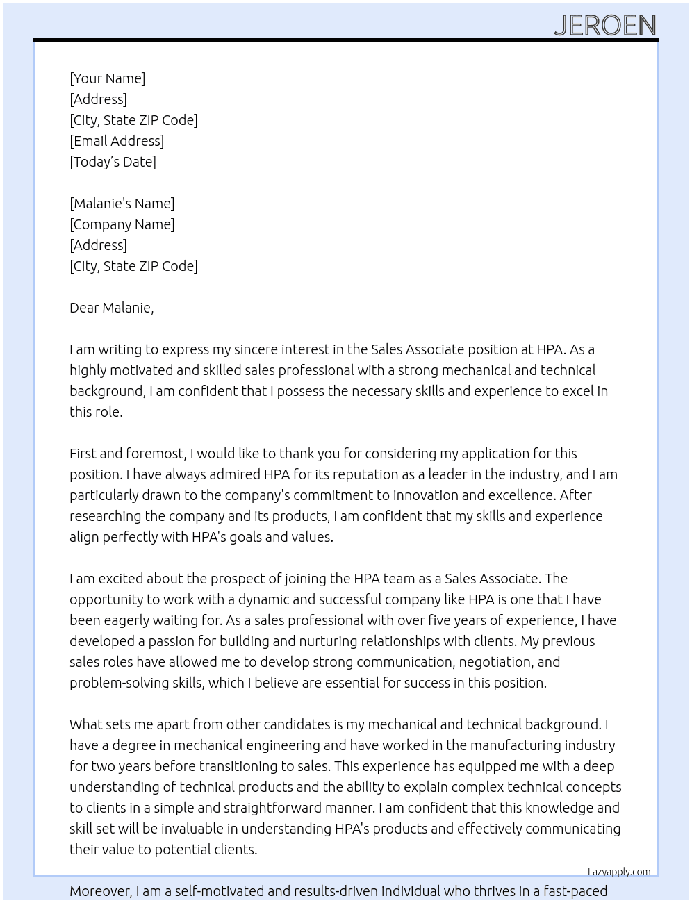 Sales associate  At HPA Cover Letter
