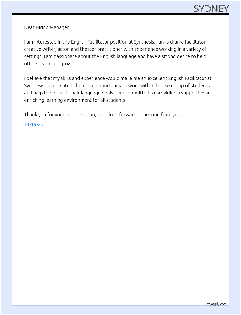 english facilitator At Synthesis  Cover Letter