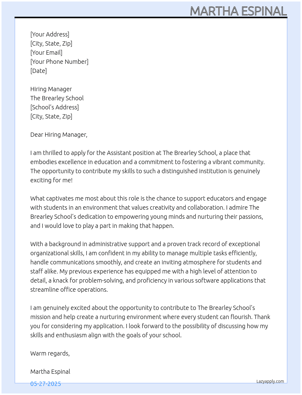 Assistant  At The Brearley School Cover Letter