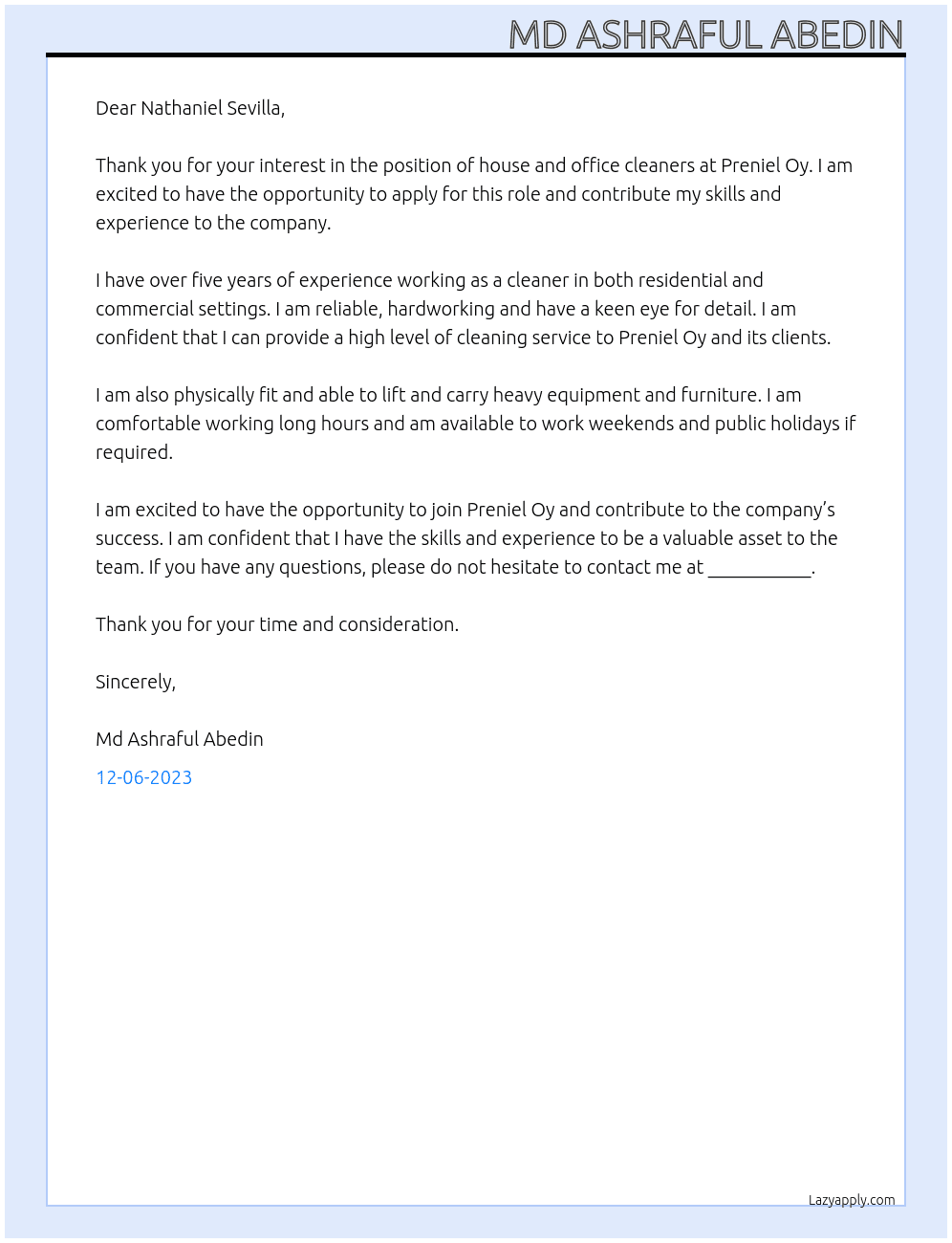 house and office cleaners At Preniel Oy Cover Letter