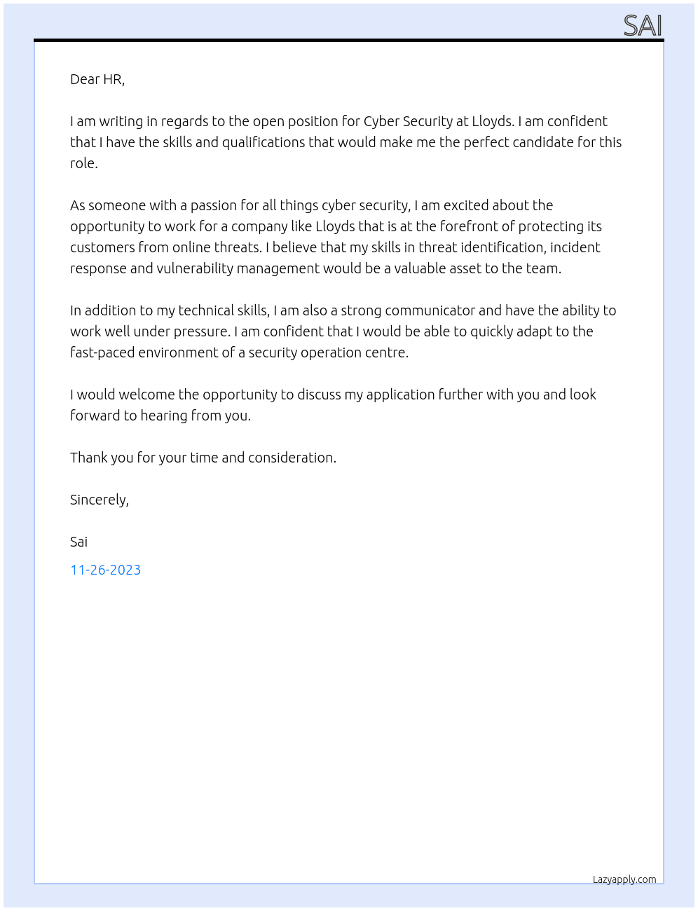 Cyber Secuirty At Lloyds Cover Letter