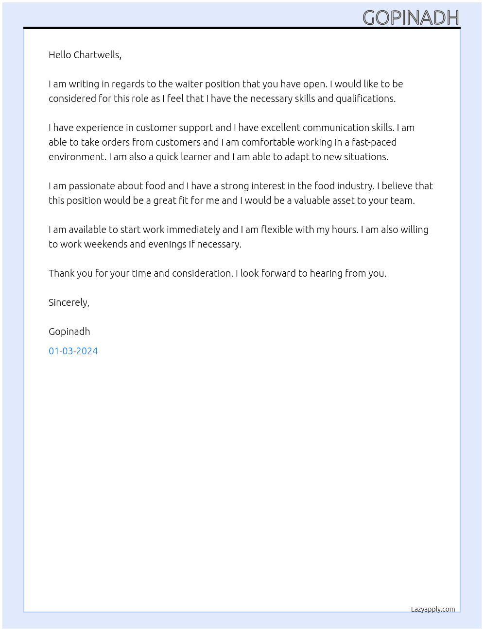 waiter At sacred heart Cover Letter