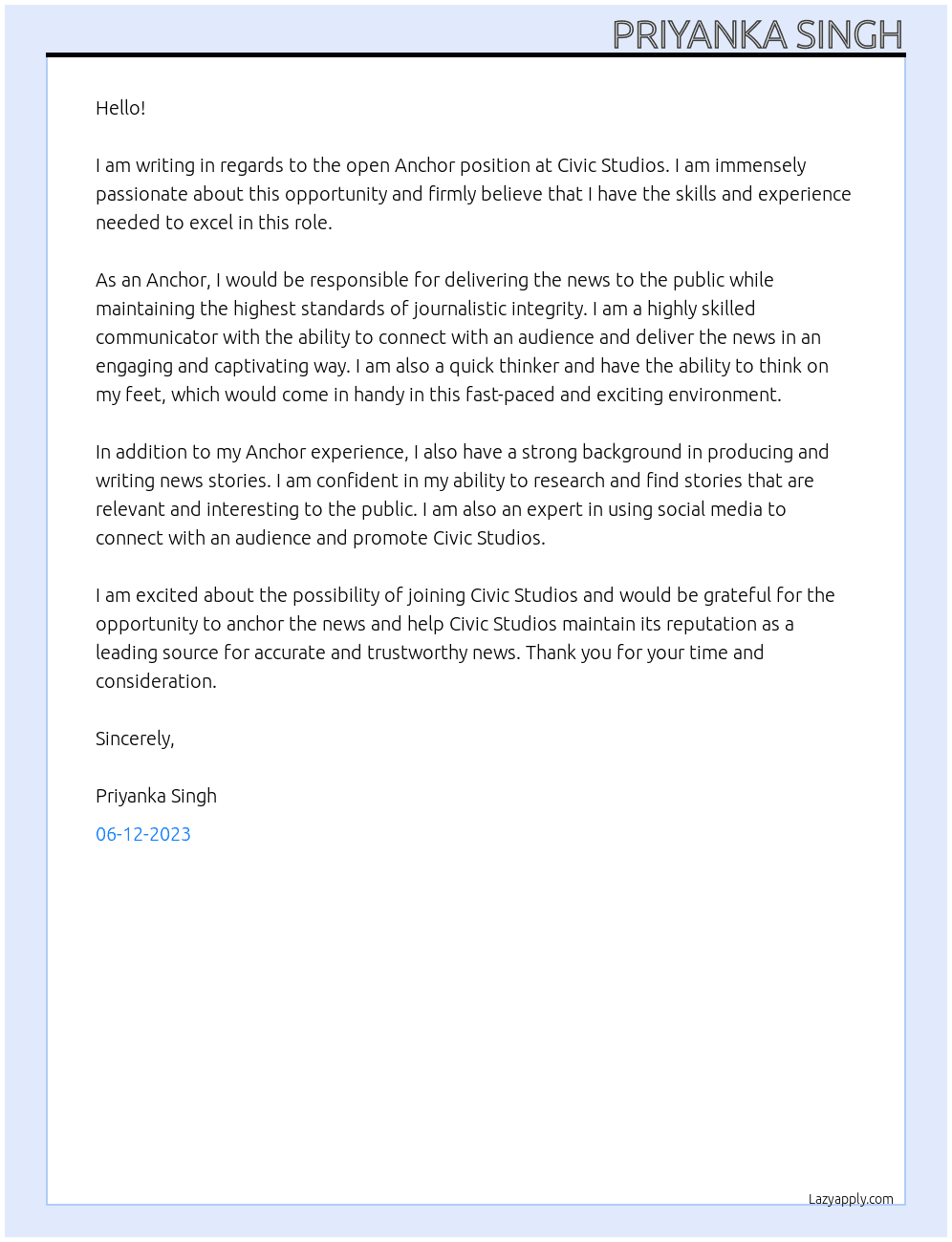 Anchor At Civic Studios Cover Letter