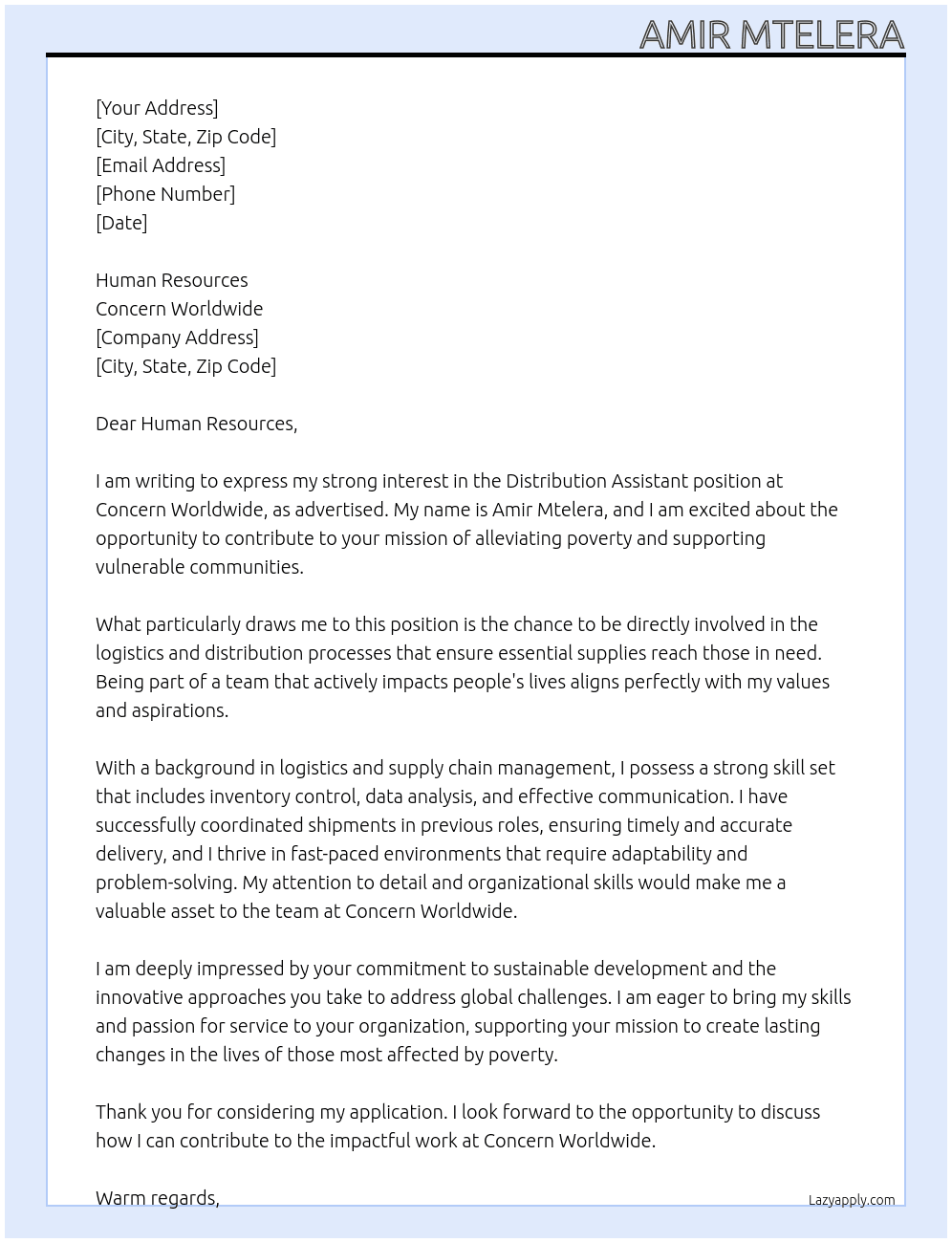 Distribution Assistant  At Concern World wide  Cover Letter
