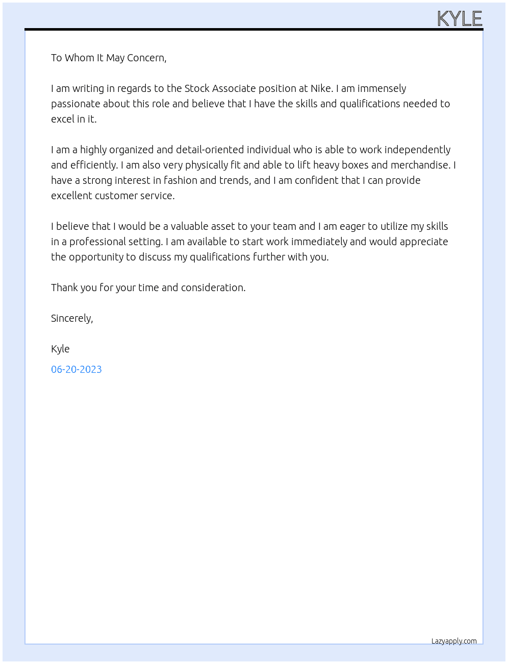 Stock Associate At NIke Cover Letter