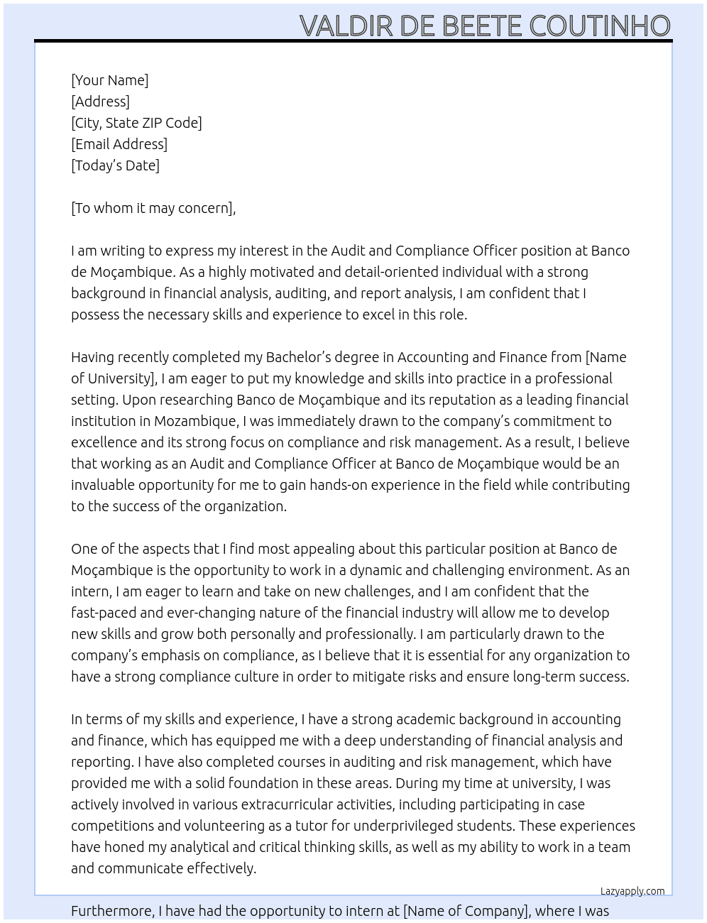Audit and Compliance Officer At Banco de Moçambique Cover Letter
