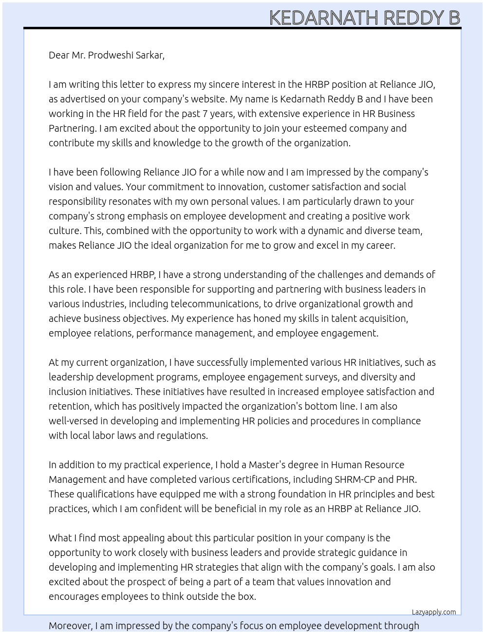 HRBP At Reliance JIO Cover Letter