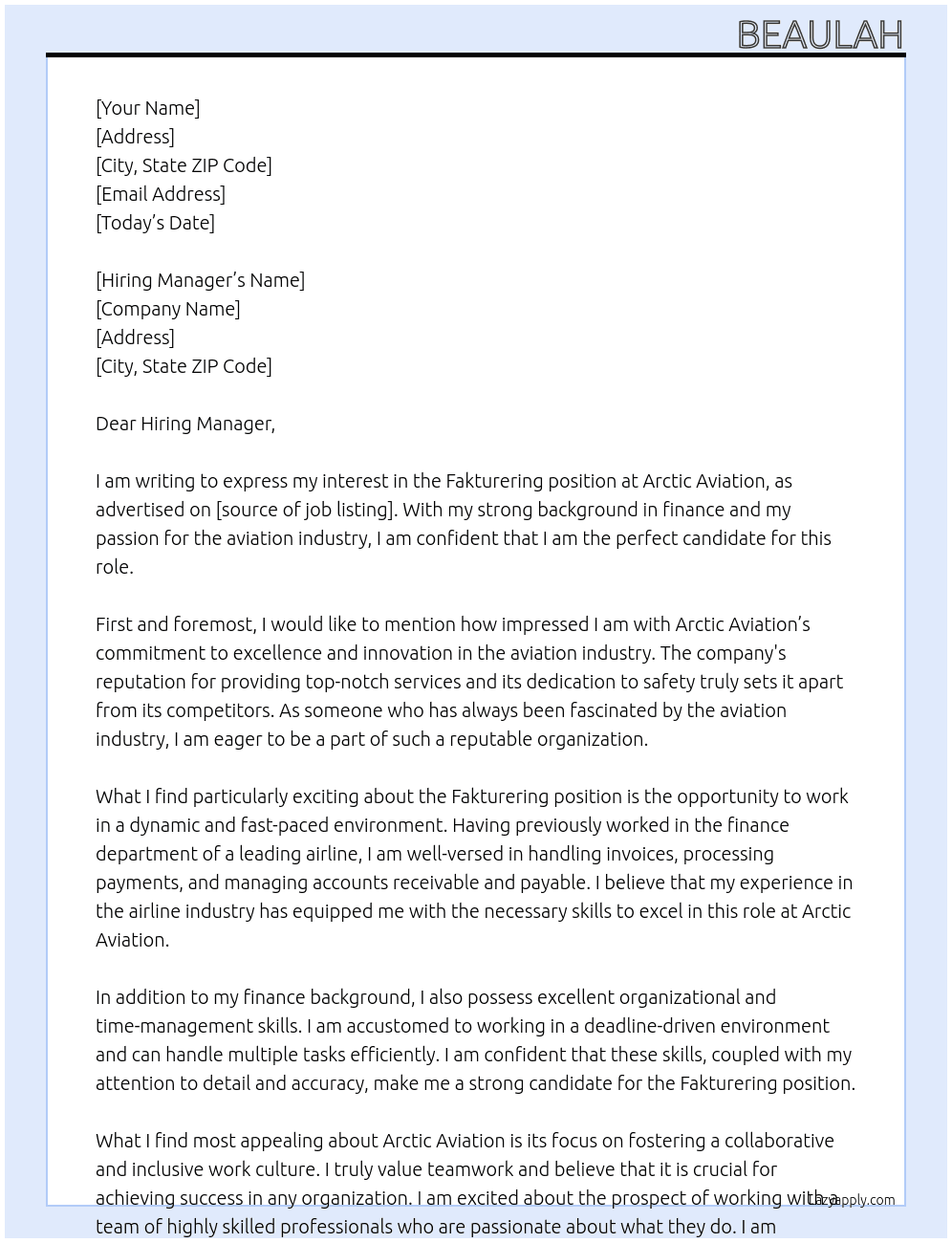 Fakturering At Arctic Aviation Cover Letter