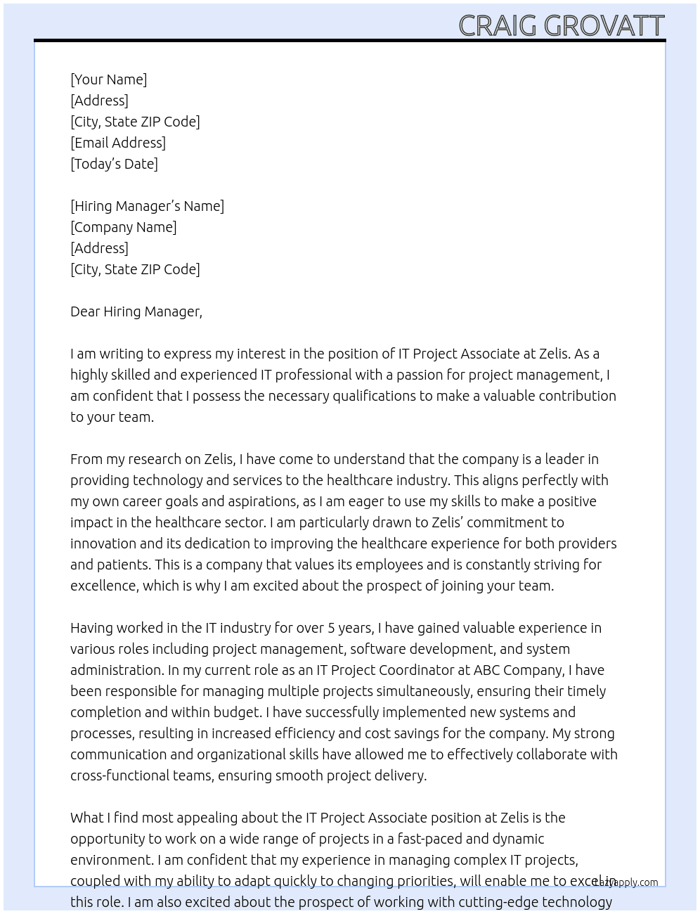 IT Project Associate At Zelis Cover Letter