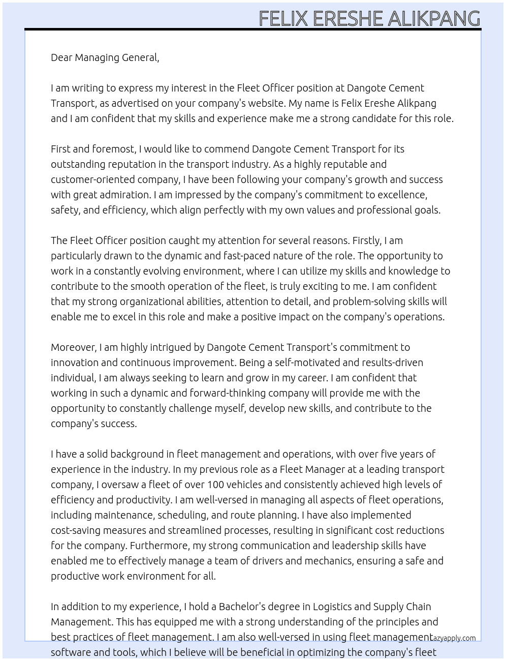 Fleet officer At Dangote Cement Transport Cover Letter