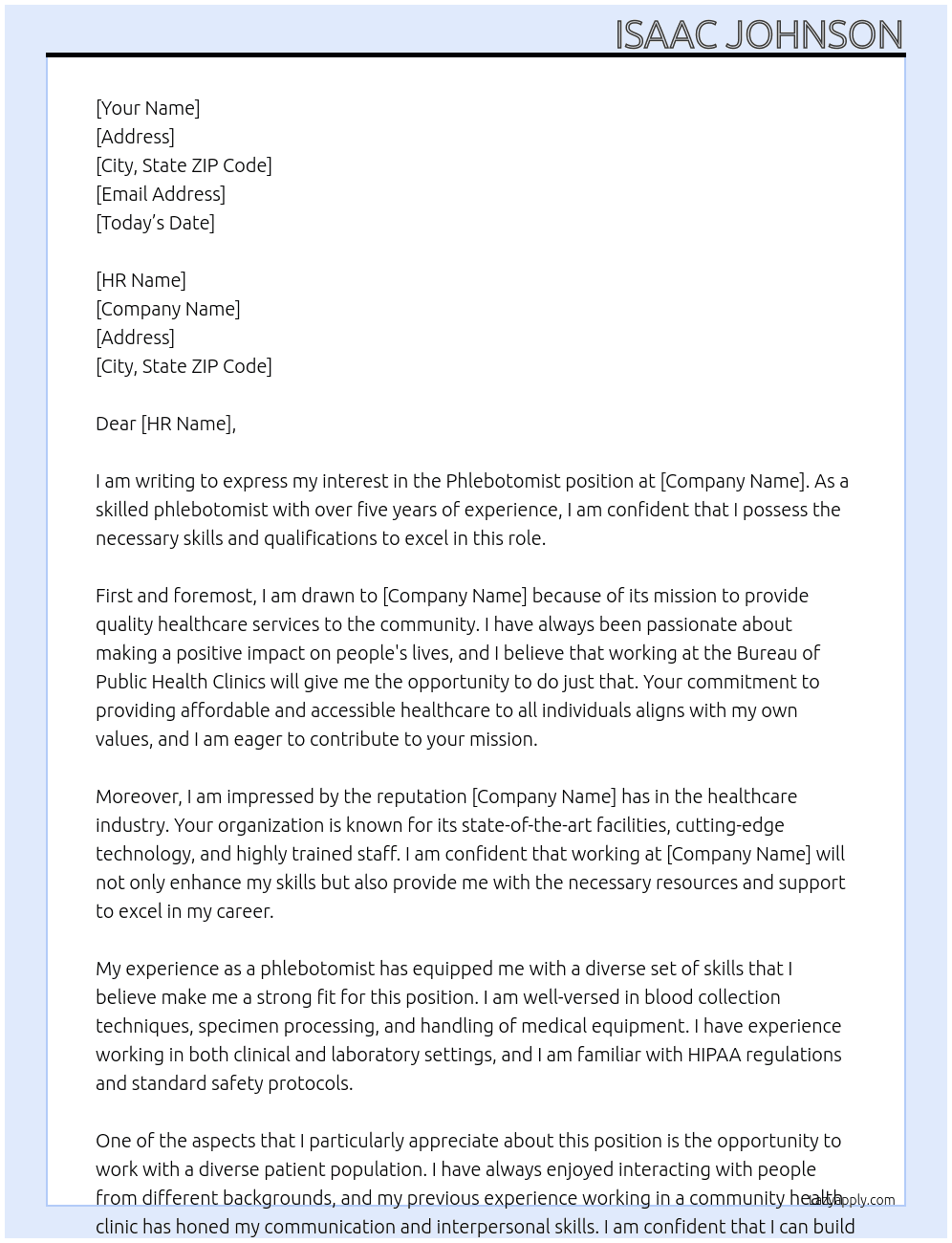 Phlebotomist At Bureau of Public Health Clinics Cover Letter