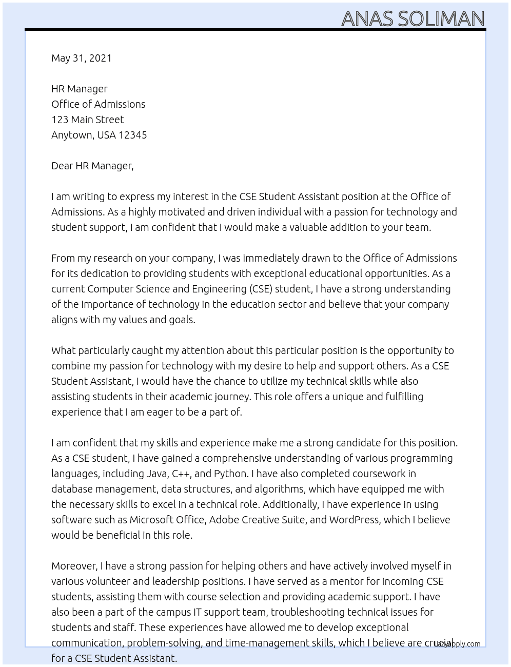 CSE Student Assistant At Office of admissions  Cover Letter