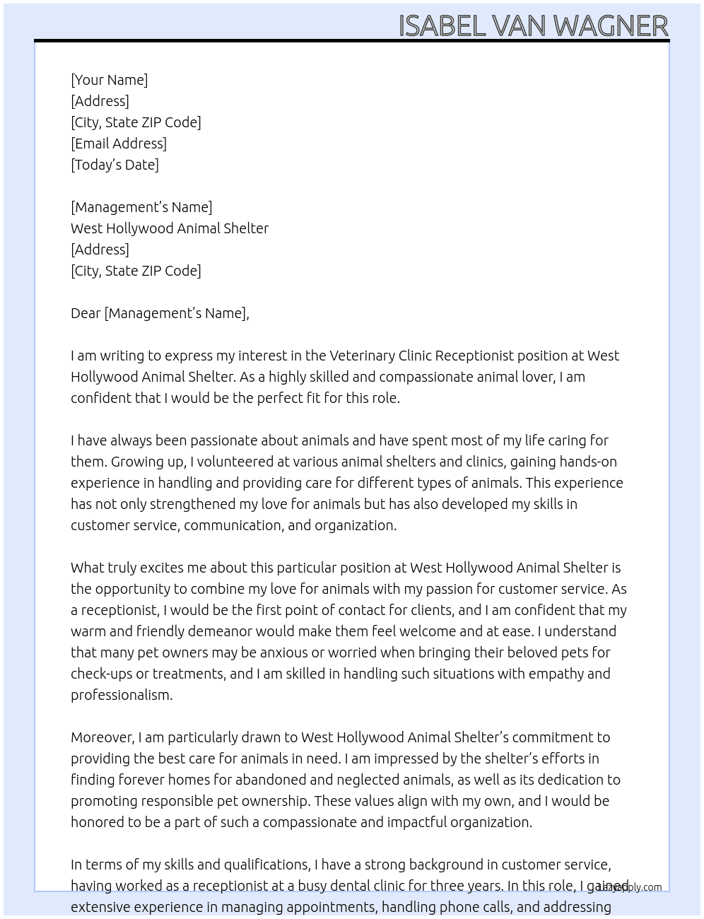 Veterinary Clinic Receptionist  At West Hollywood Animal Shelter Cover Letter