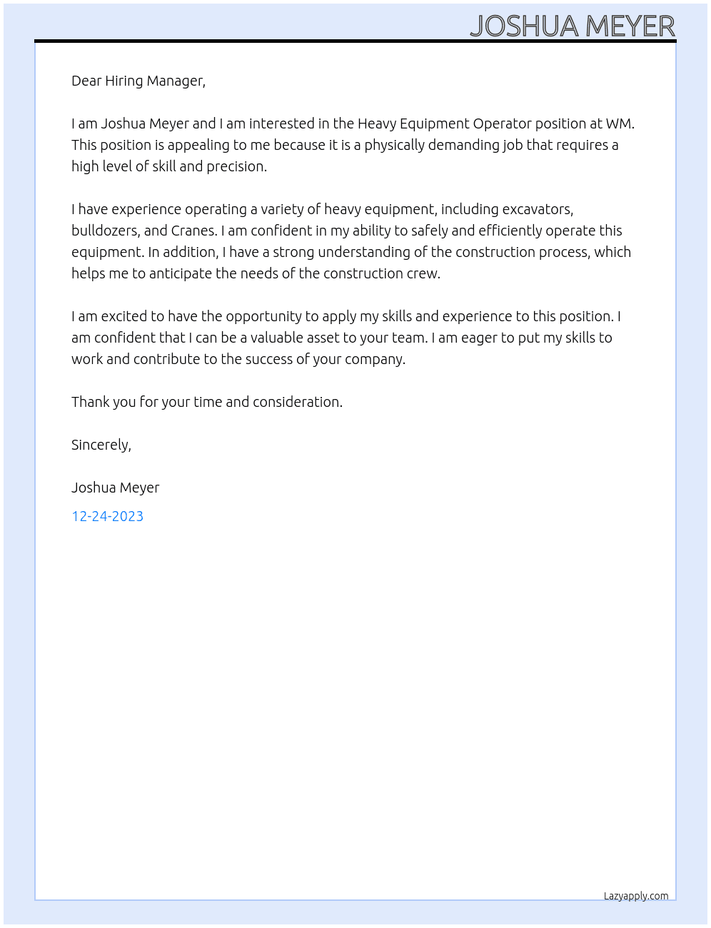 Heavy Equipment Operator At WM Cover Letter