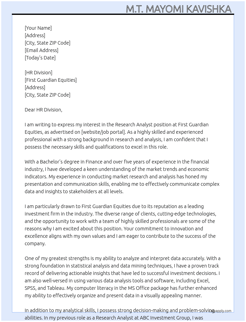 Research Analyst  At First Guardian Equities Cover Letter