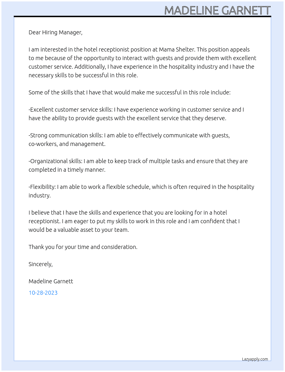hotel receptionist At Mama Shelter  Cover Letter