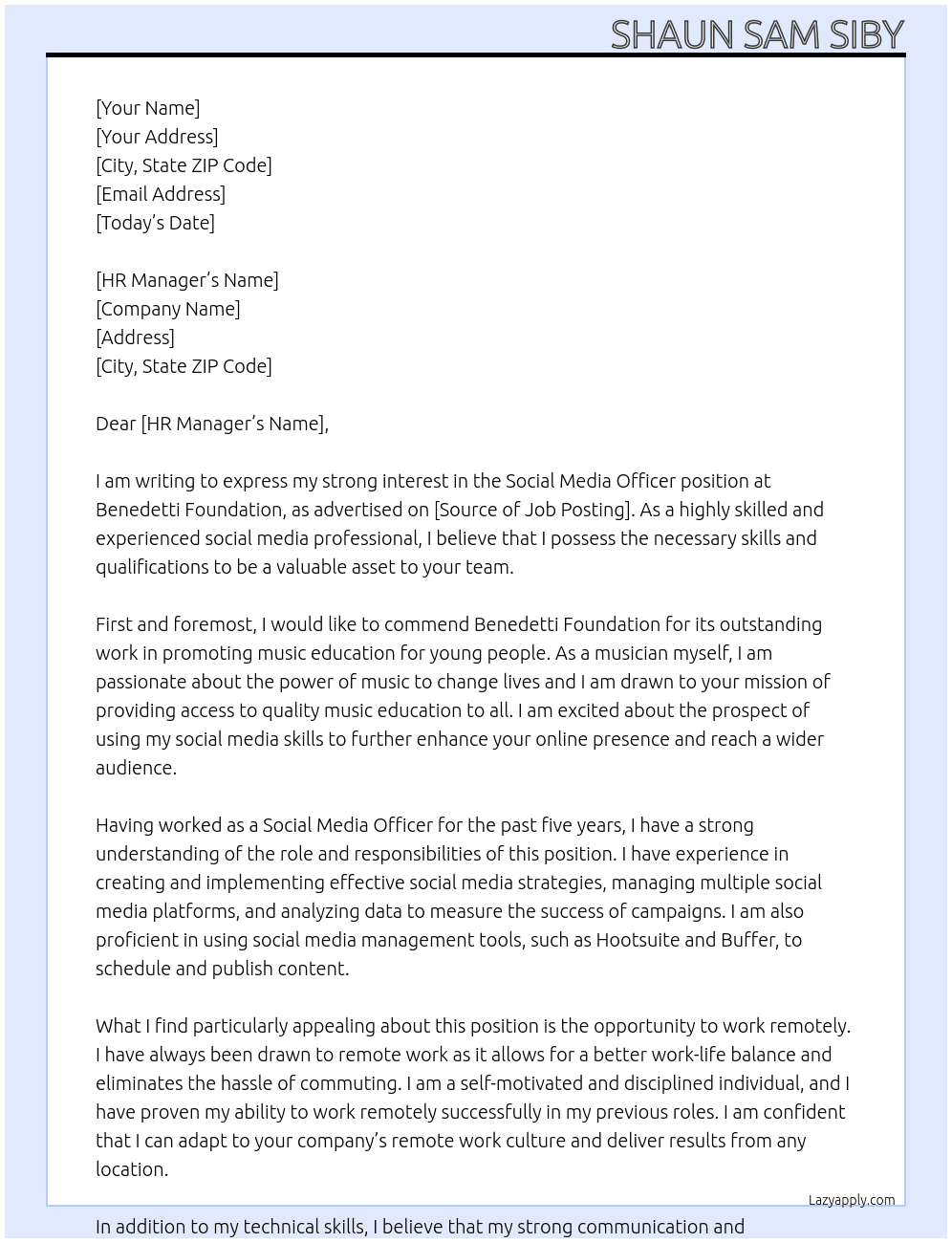 Social Media Officer At Benedetti Foundation Cover Letter