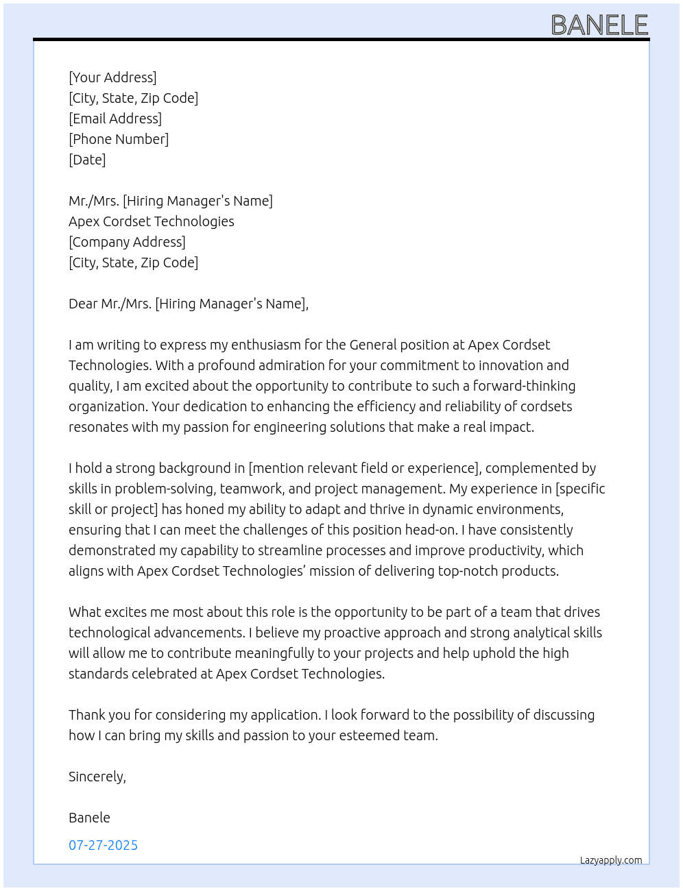 General  At Apex Cordset Technologies Cover Letter